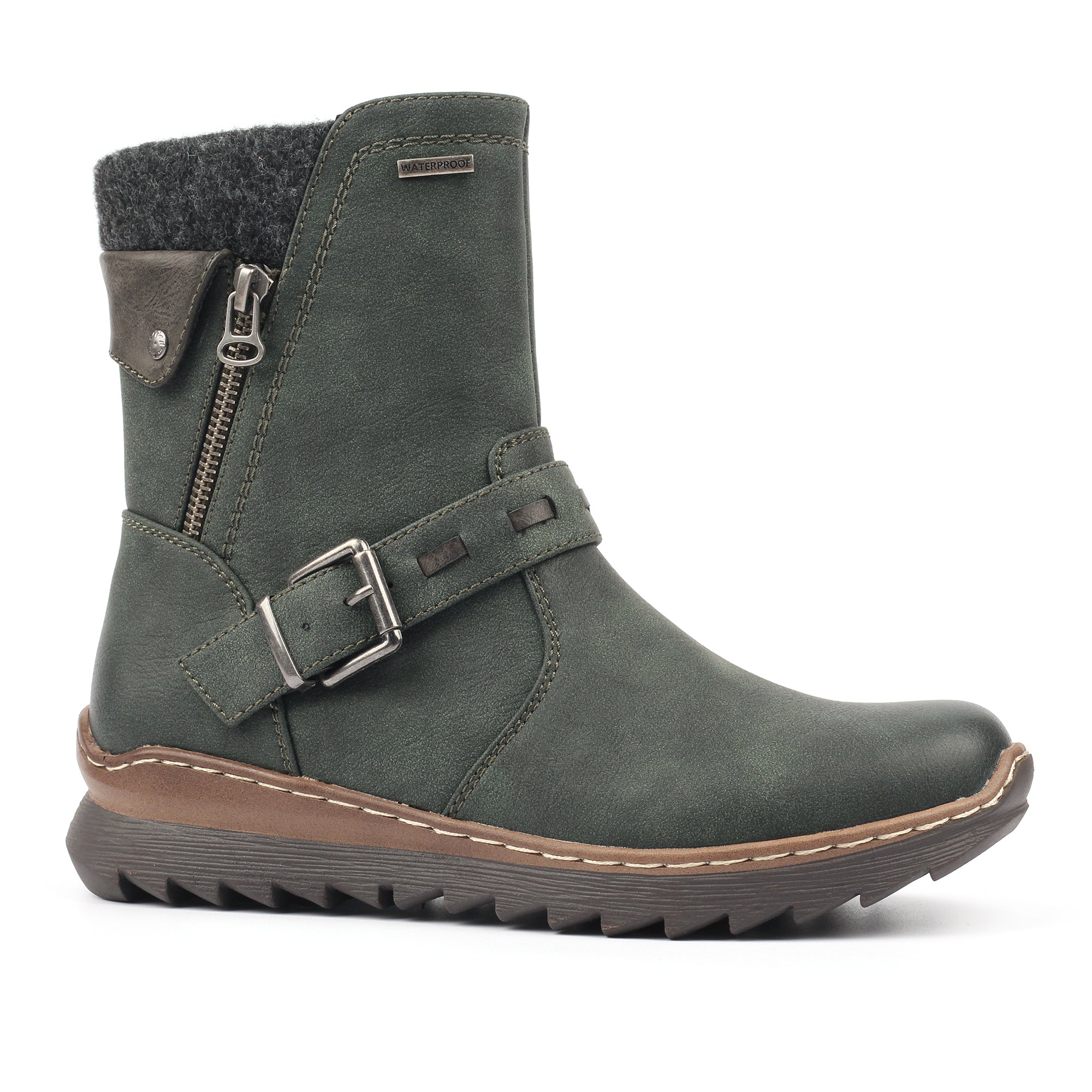 Lunar GLR131 Haley Ladies Green Waterproof Ankle Boots, front three-quarter view.