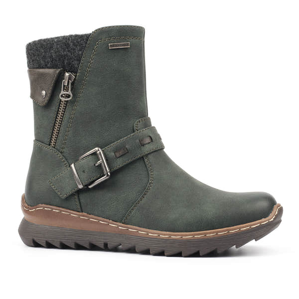 Lunar GLR131 Haley Ladies Green Waterproof Ankle Boots, front three-quarter view.
