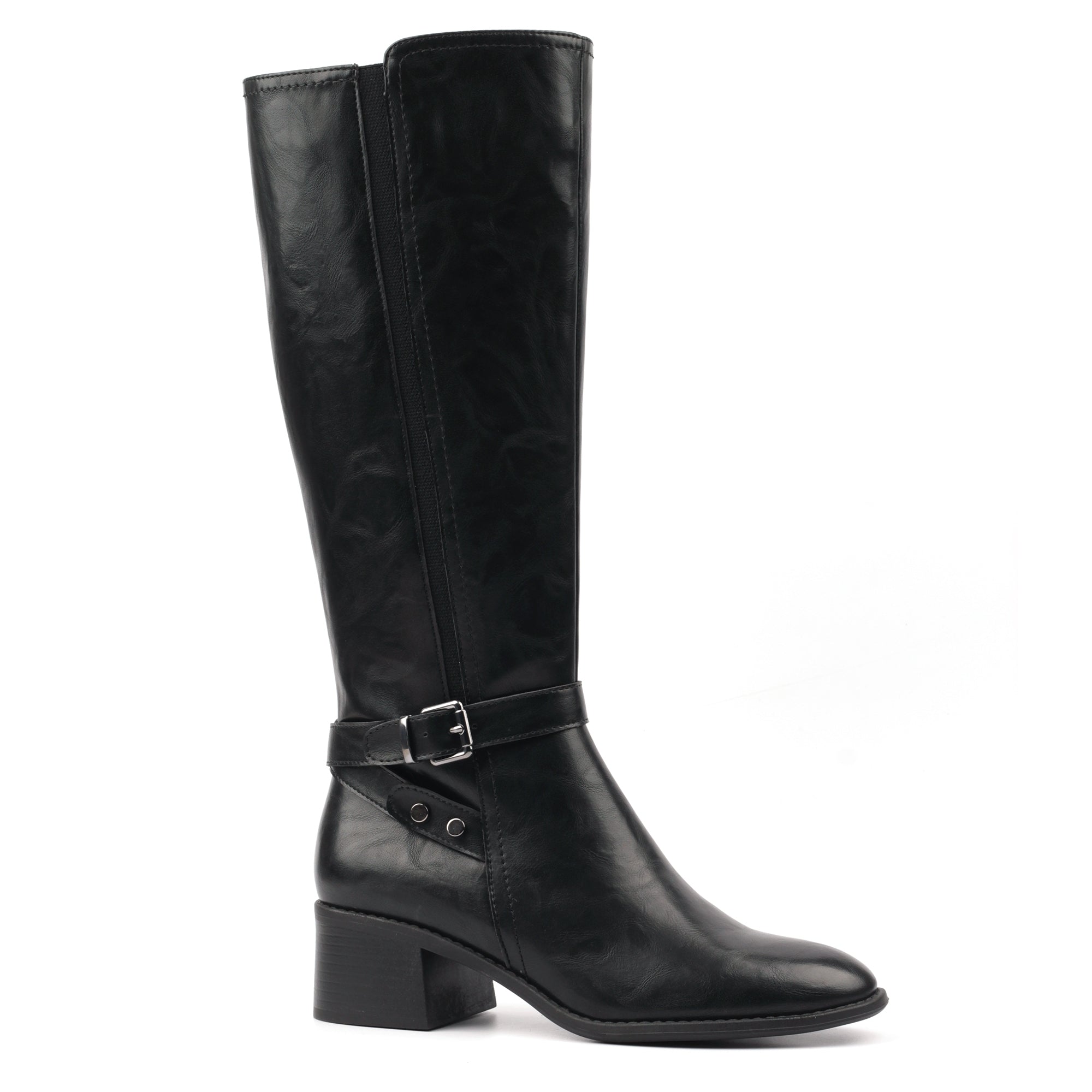 Lunar GLZ004 Sindy Ladies Black Side Zip Heeled Knee High Boots, front three-quarter view.