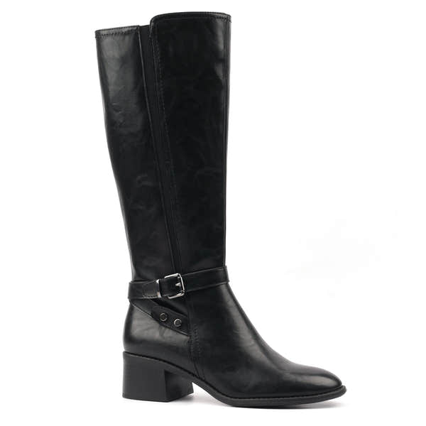 Lunar GLZ004 Sindy Ladies Black Side Zip Heeled Knee High Boots, front three-quarter view.