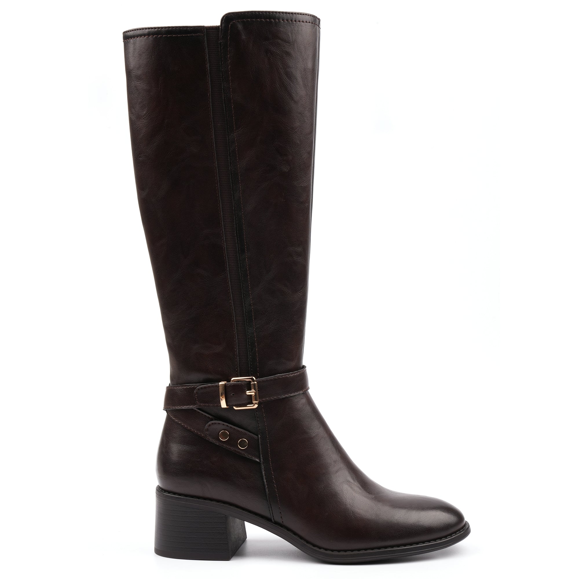 Lunar GLZ004 Sindy Ladies Brown Side Zip Heeled Knee High Boots, front three-quarter view.
