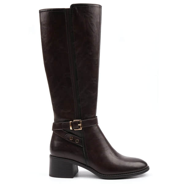 Lunar GLZ004 Sindy Ladies Brown Side Zip Heeled Knee High Boots, front three-quarter view.