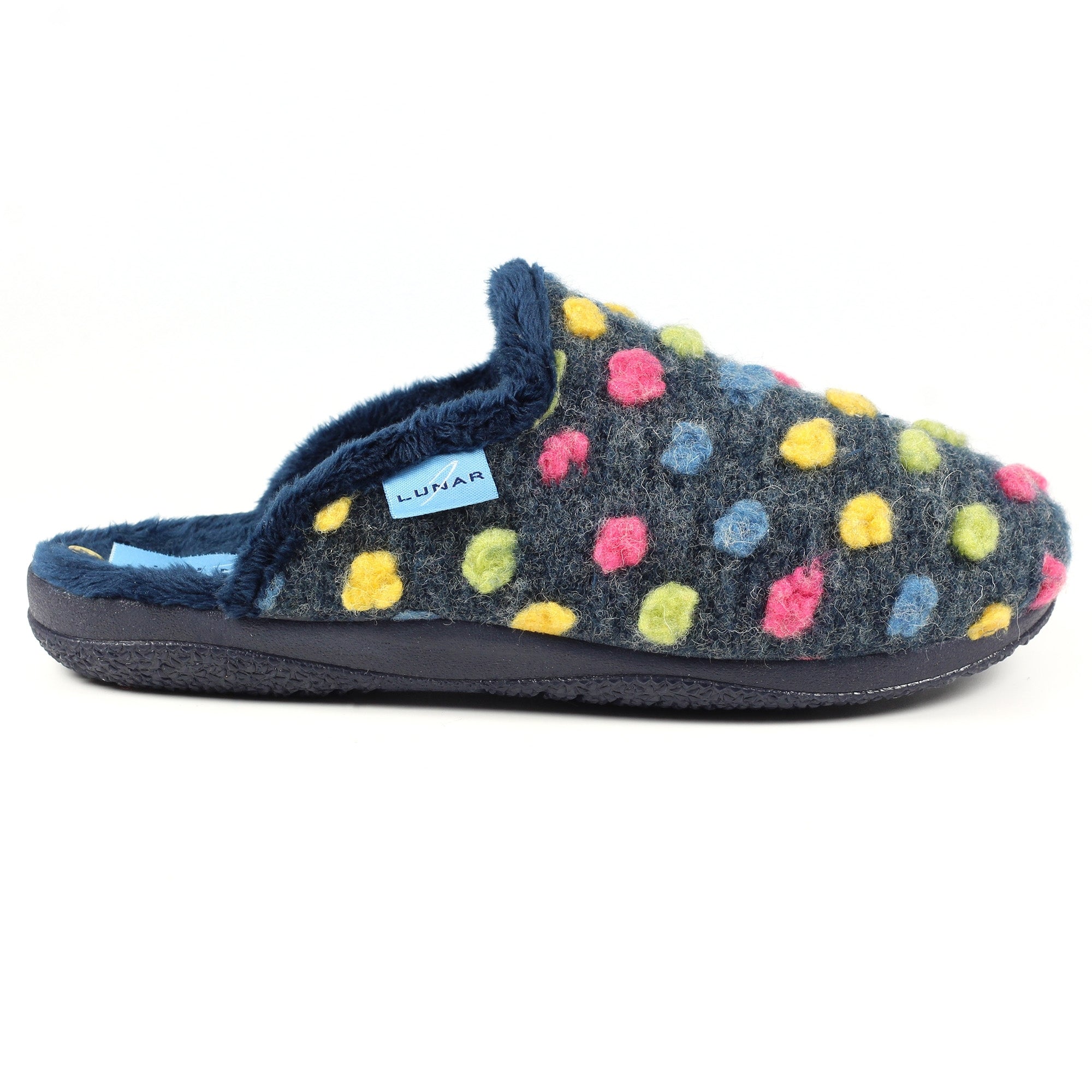 Lunar KLA126 Montreal Ladies Navy Blue Textile Mule Slippers, front three-quarter view.