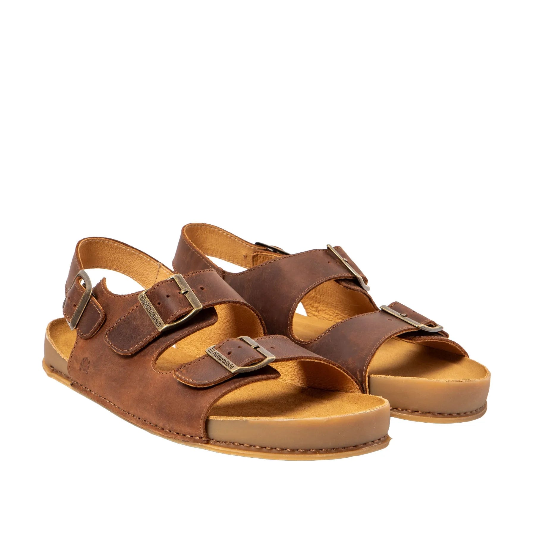 El Naturalista N6001 unisex wide Spanish leather buckle sandals in brown color with open toes and multiple straps.