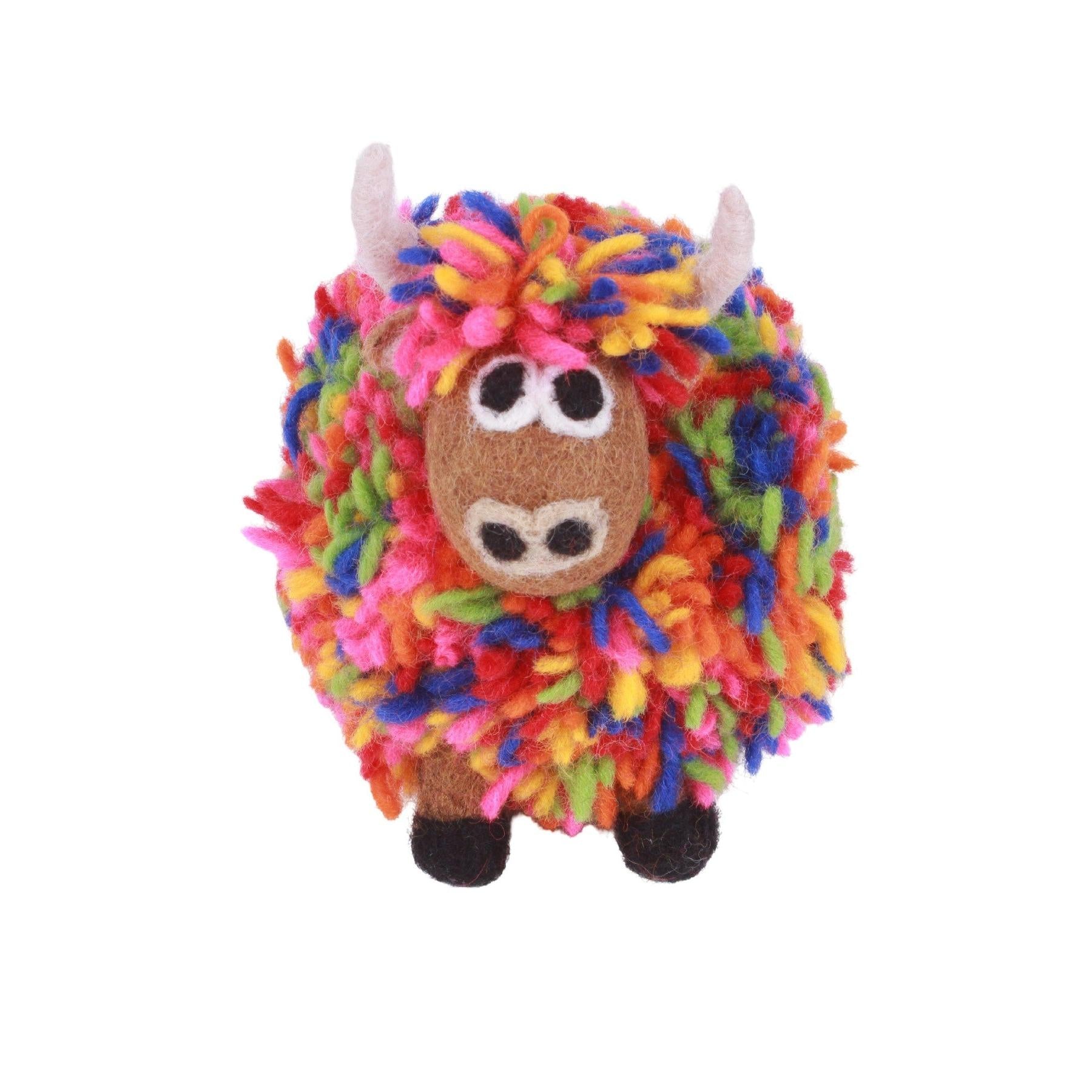 Pachamama Archie The Highland Cow In Colour, felt animal decoration; product view.