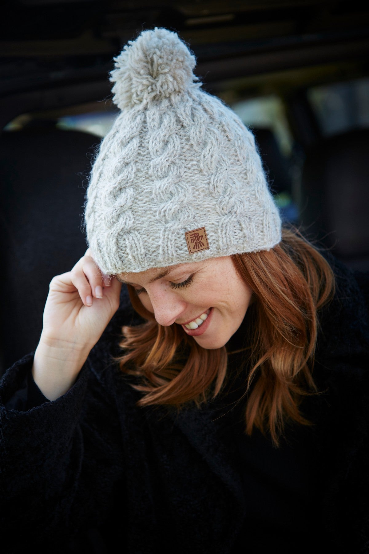Pachamama Cairngorm Bobble Beanie Oatmeal, with a softly textured cable knit; product view 6.