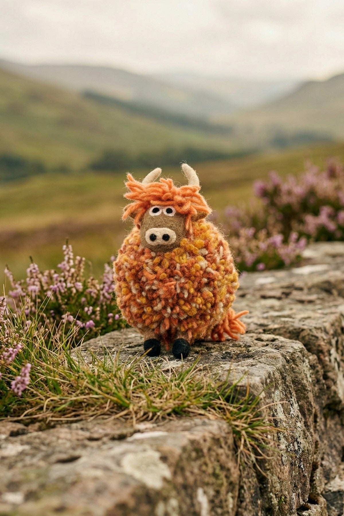 Pachamama Duncan The Highland Cow, felt animal decoration; product view.