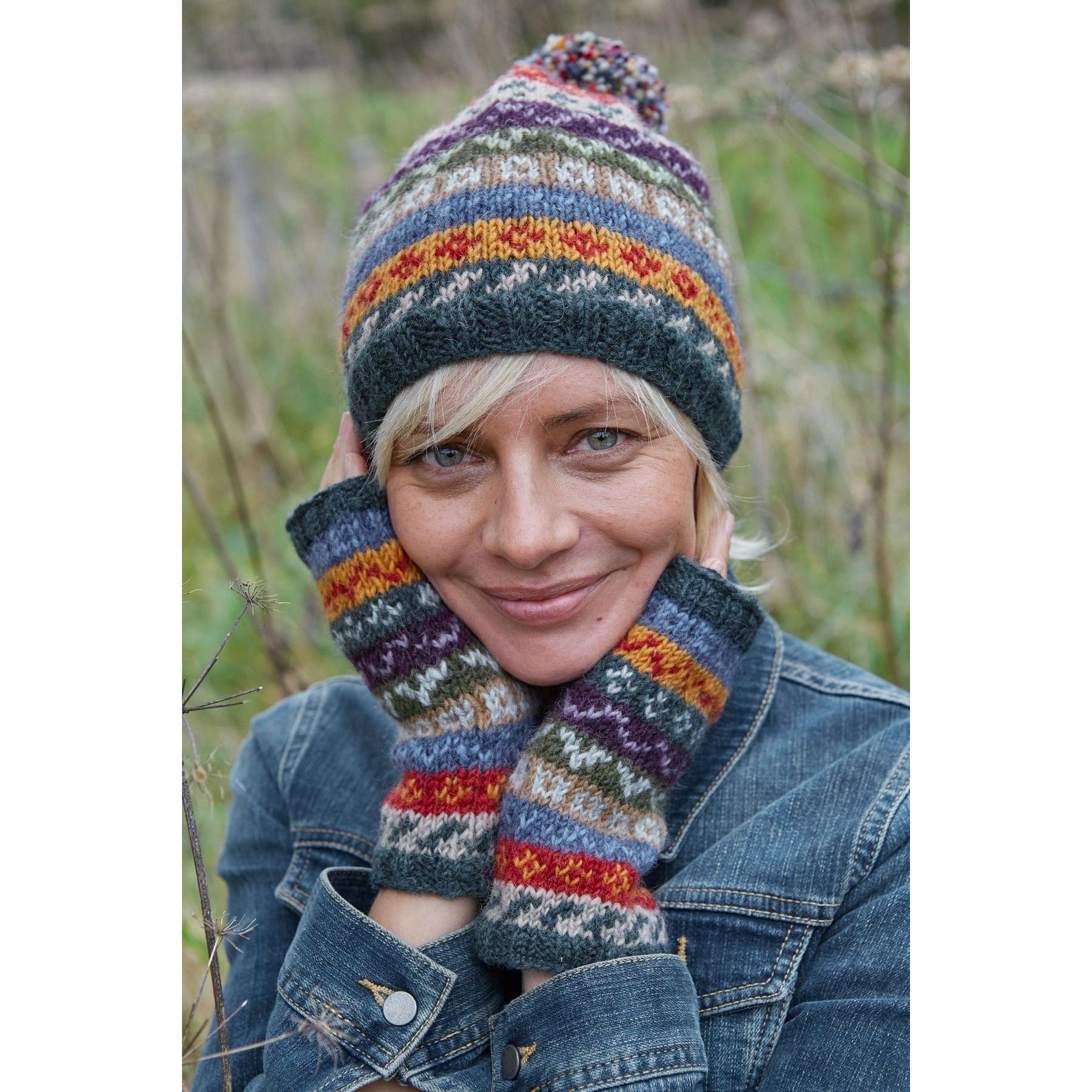 Pachamama Elveden Handwarmer, with colourful Fair Isle bands; product view 2.