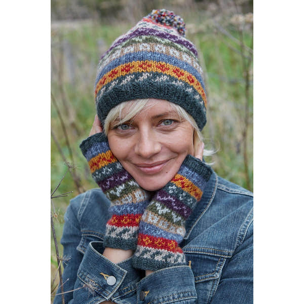 Pachamama Elveden Handwarmer, with colourful Fair Isle bands; product view 2.