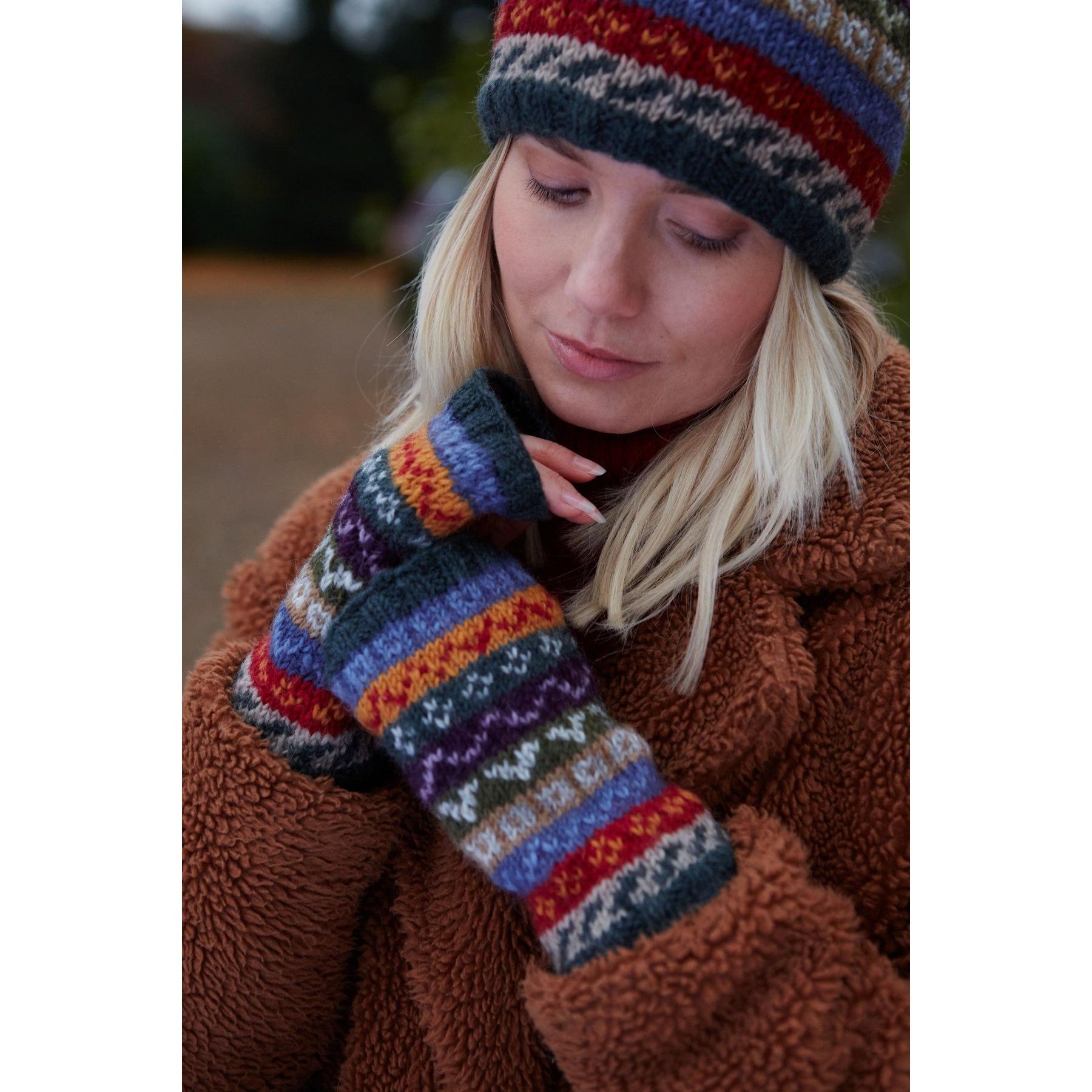 Pachamama Elveden Handwarmer, with colourful Fair Isle bands; product view.