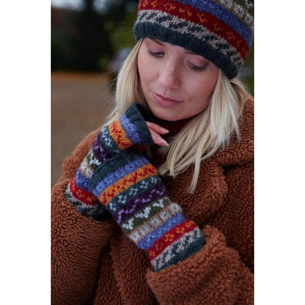 Pachamama Elveden Handwarmer, with colourful Fair Isle bands; product view.