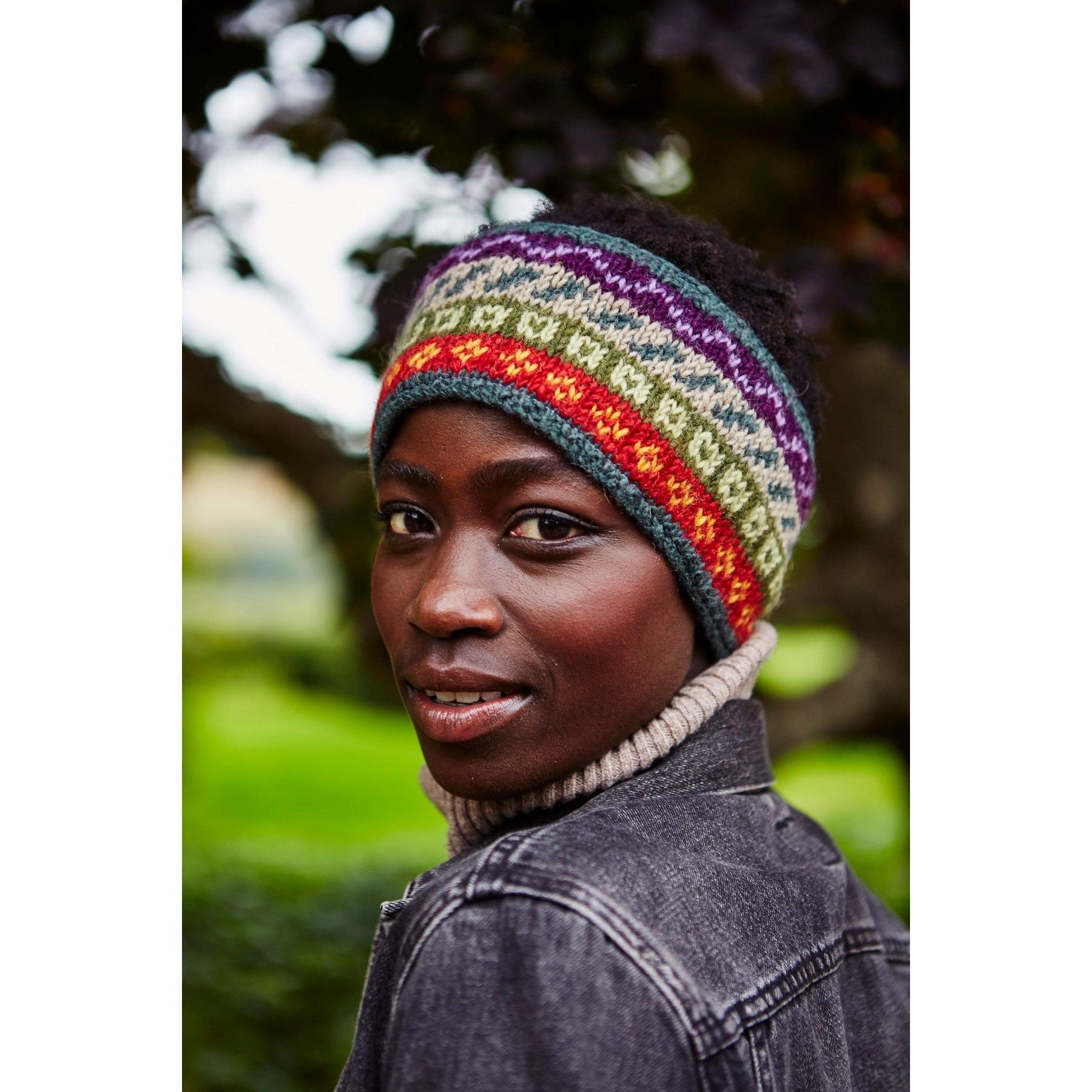 Pachamama Elveden Headband, with colourful Fair Isle bands; product view.