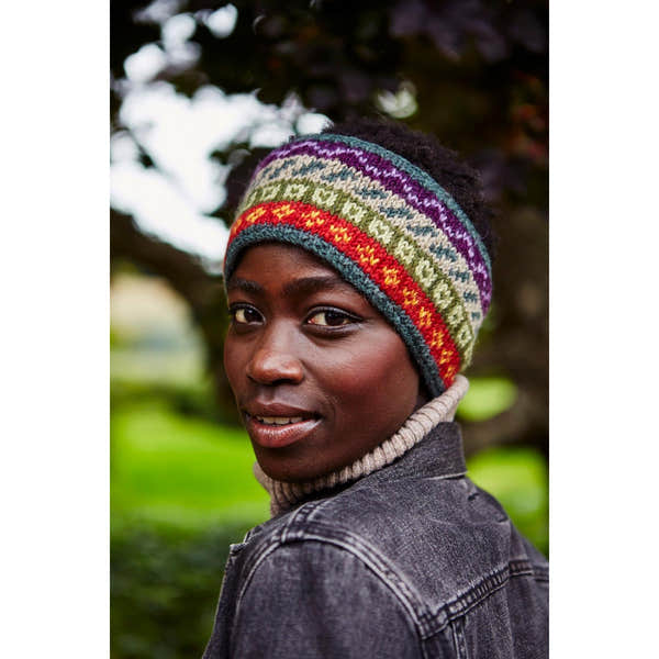 Pachamama Elveden Headband, with colourful Fair Isle bands; product view.