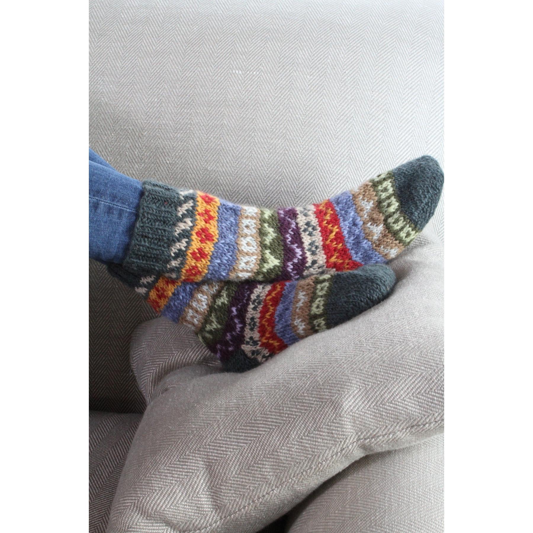 Pachamama Elveden Sofa Socks, with colourful Fair Isle bands; product view 2.