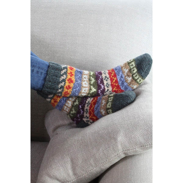 Pachamama Elveden Sofa Socks, with colourful Fair Isle bands; product view 2.
