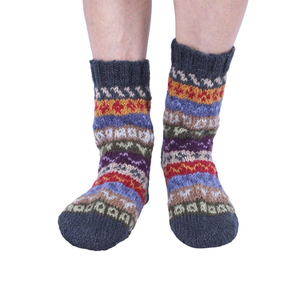 Pachamama Elveden Sofa Socks, with colourful Fair Isle bands; product view 6.