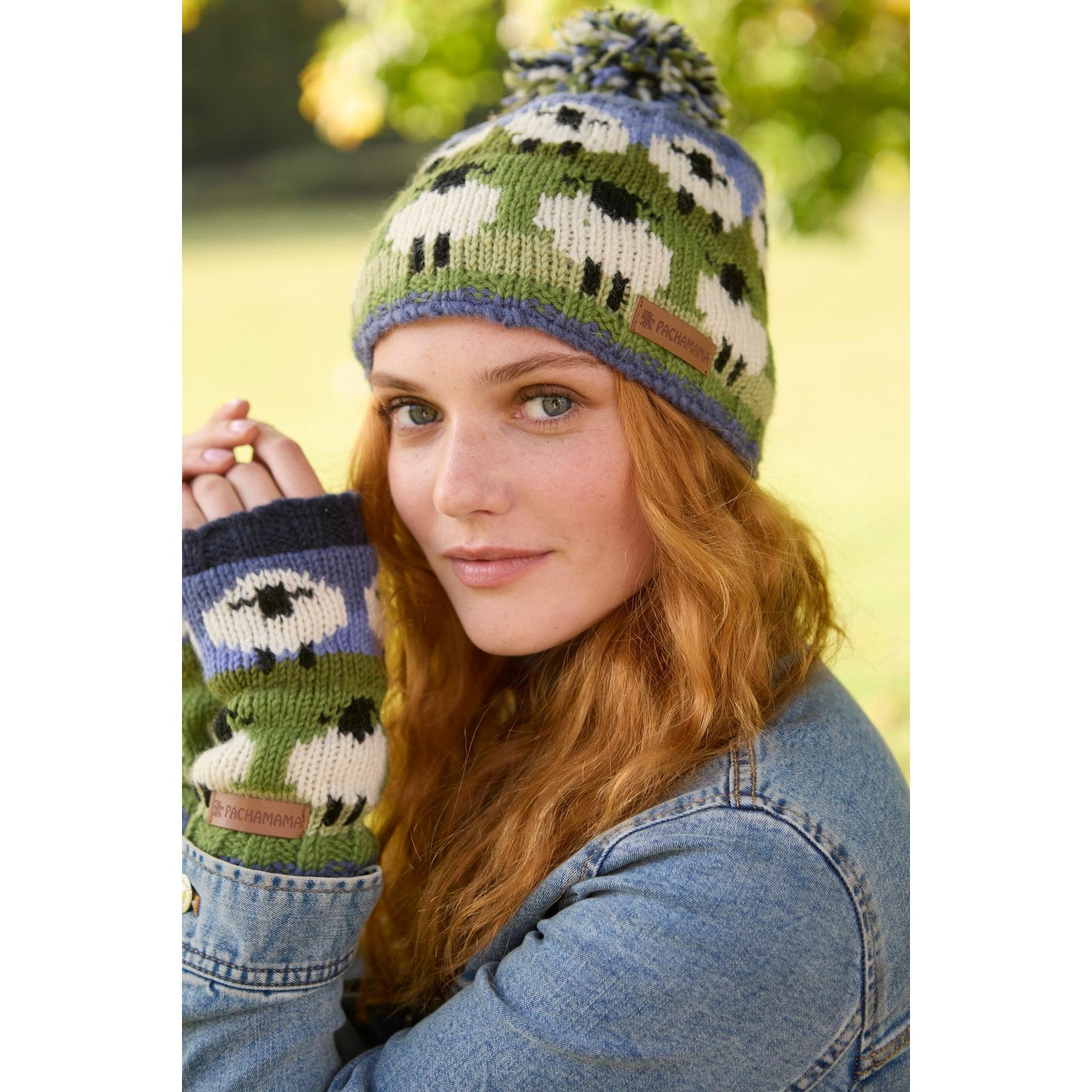 Pachamama Flock Of Sheep Bobble Beanie, with rows of sheep; product view 3.