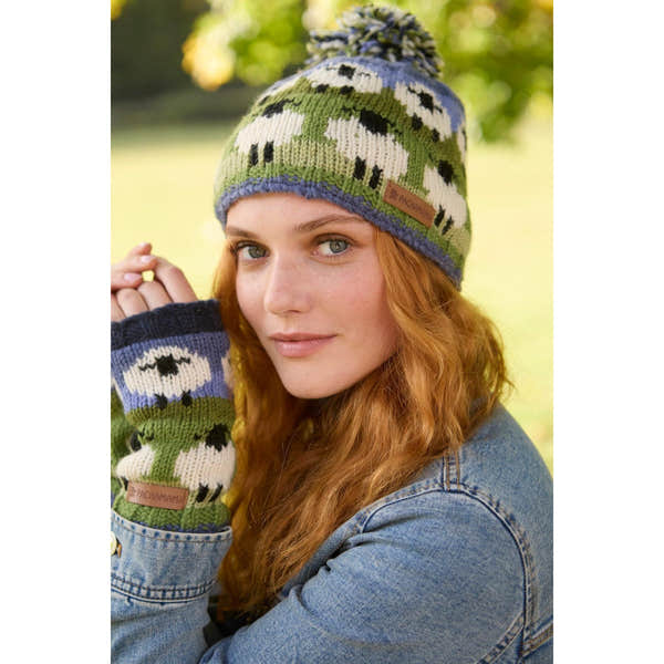 Pachamama Flock Of Sheep Bobble Beanie, with rows of sheep; product view 3.