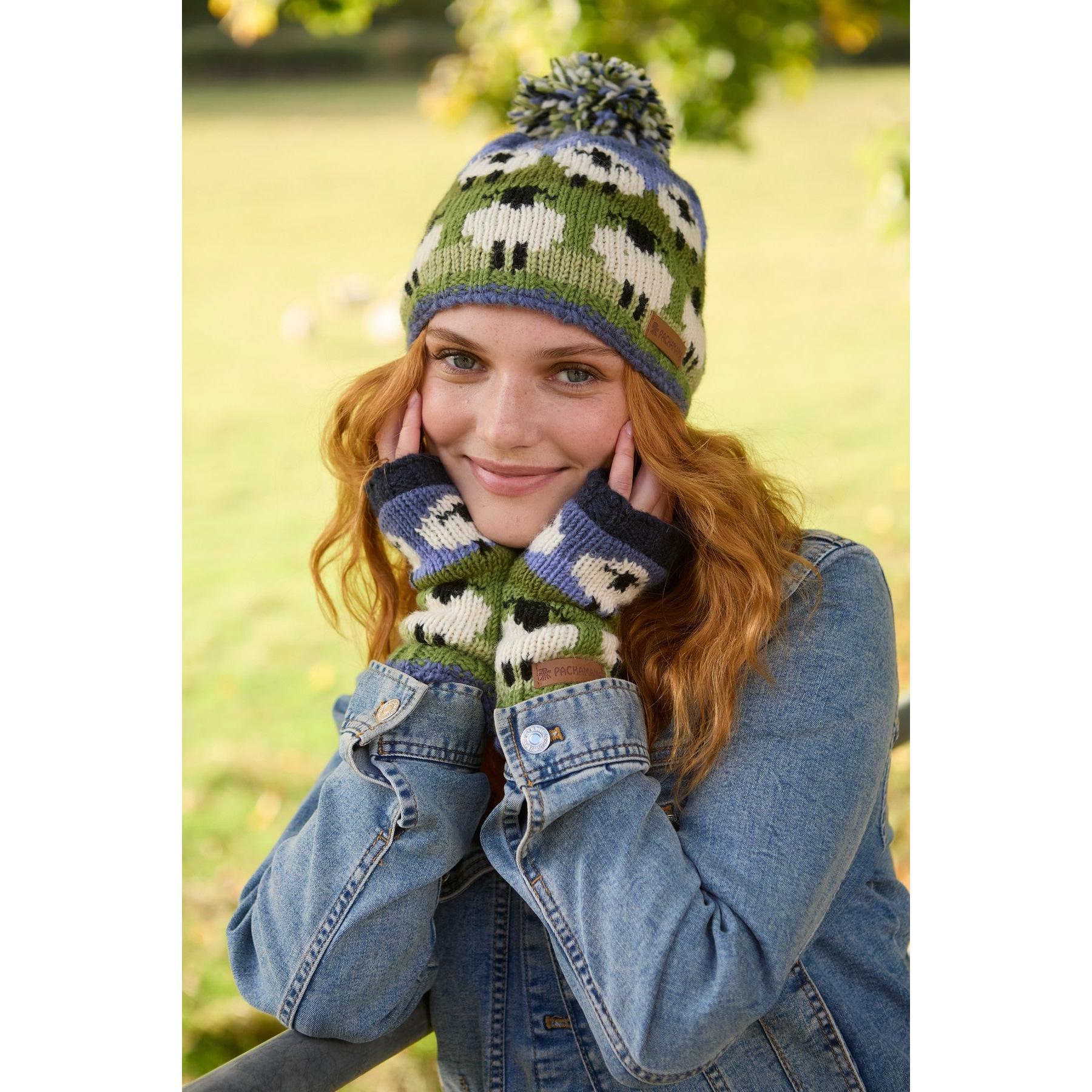 Pachamama Flock Of Sheep Bobble Beanie, with rows of sheep; product view 4.