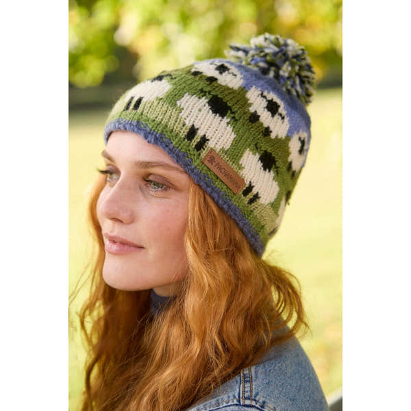 Pachamama Flock Of Sheep Bobble Beanie, with rows of sheep; product view 6.