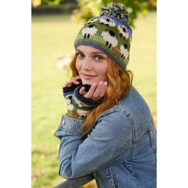 Pachamama Flock Of Sheep Bobble Beanie, with rows of sheep; product view 7.