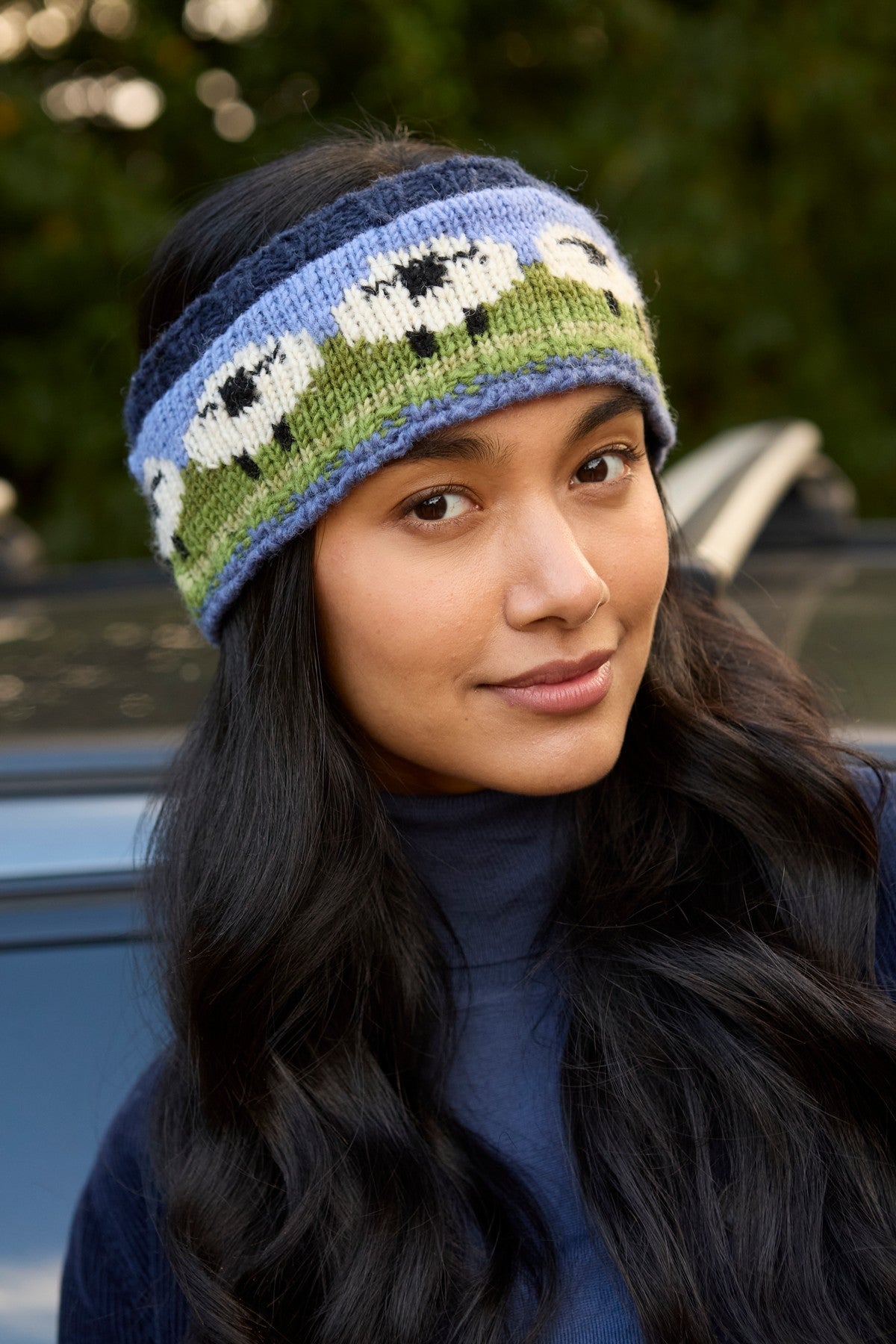 Pachamama Flock Of Sheep Headband, with rows of sheep; product view.