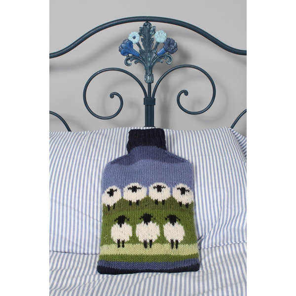 Pachamama Flock Of Sheep Hot Water Bottle, with rows of sheep; product view.