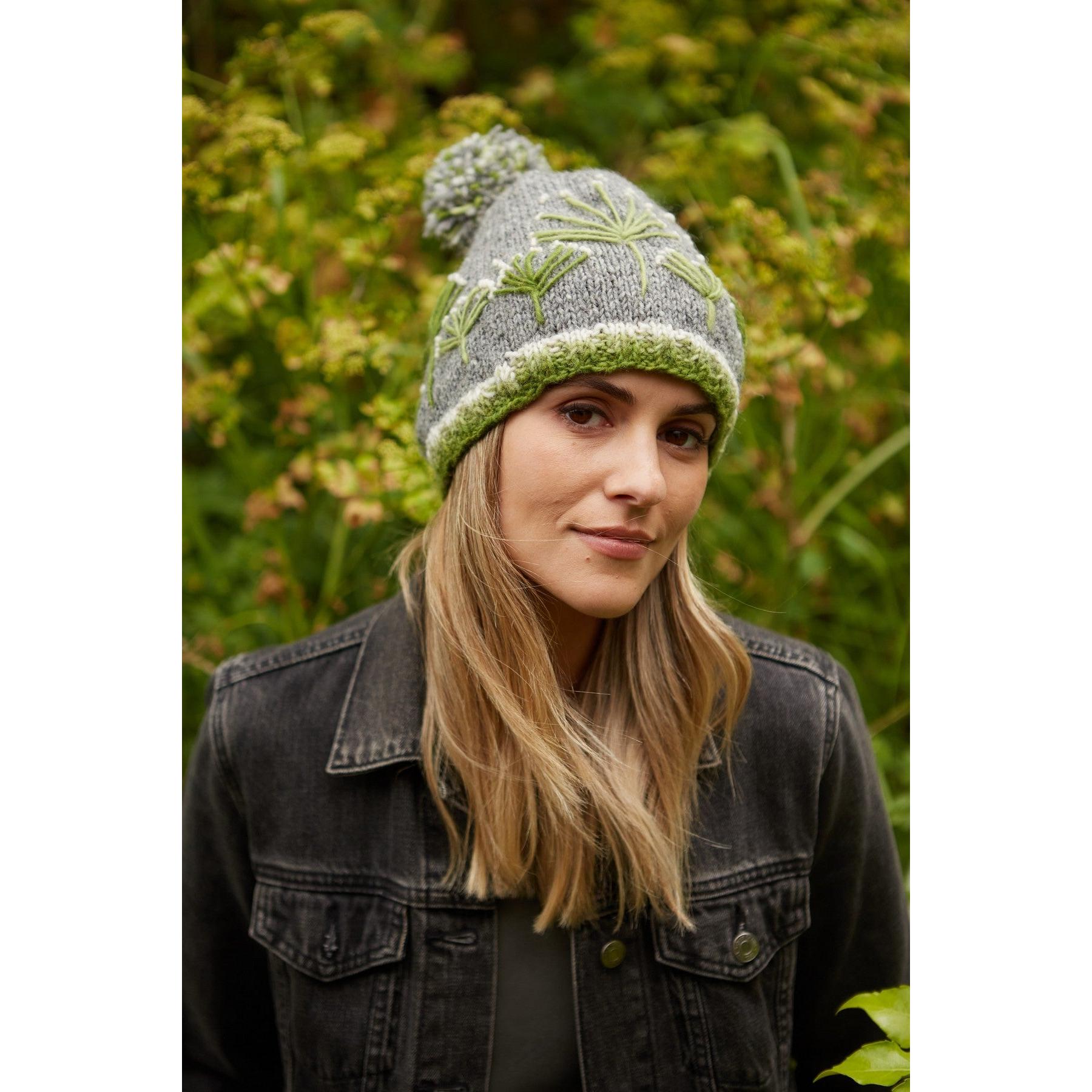 Pachamama Granchester Bobble Beanie, with green floral embroidery; product view 3.