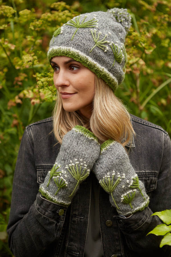 Pachamama Granchester Bobble Beanie, with green floral embroidery; product view 4.