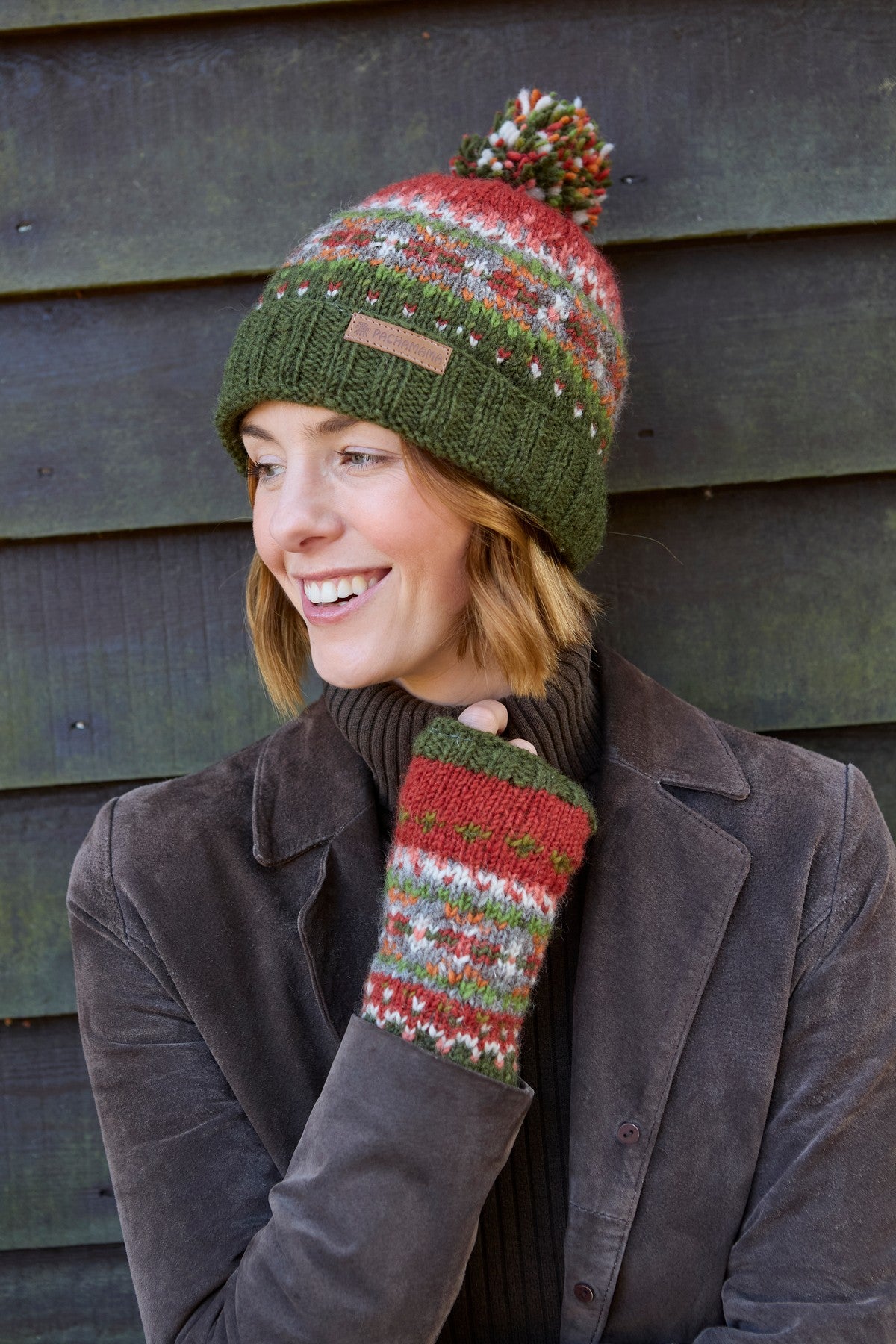 Pachamama Iona Roll Back Bobble Beanie Moss, with colourful Fair Isle patterning; product view 2.