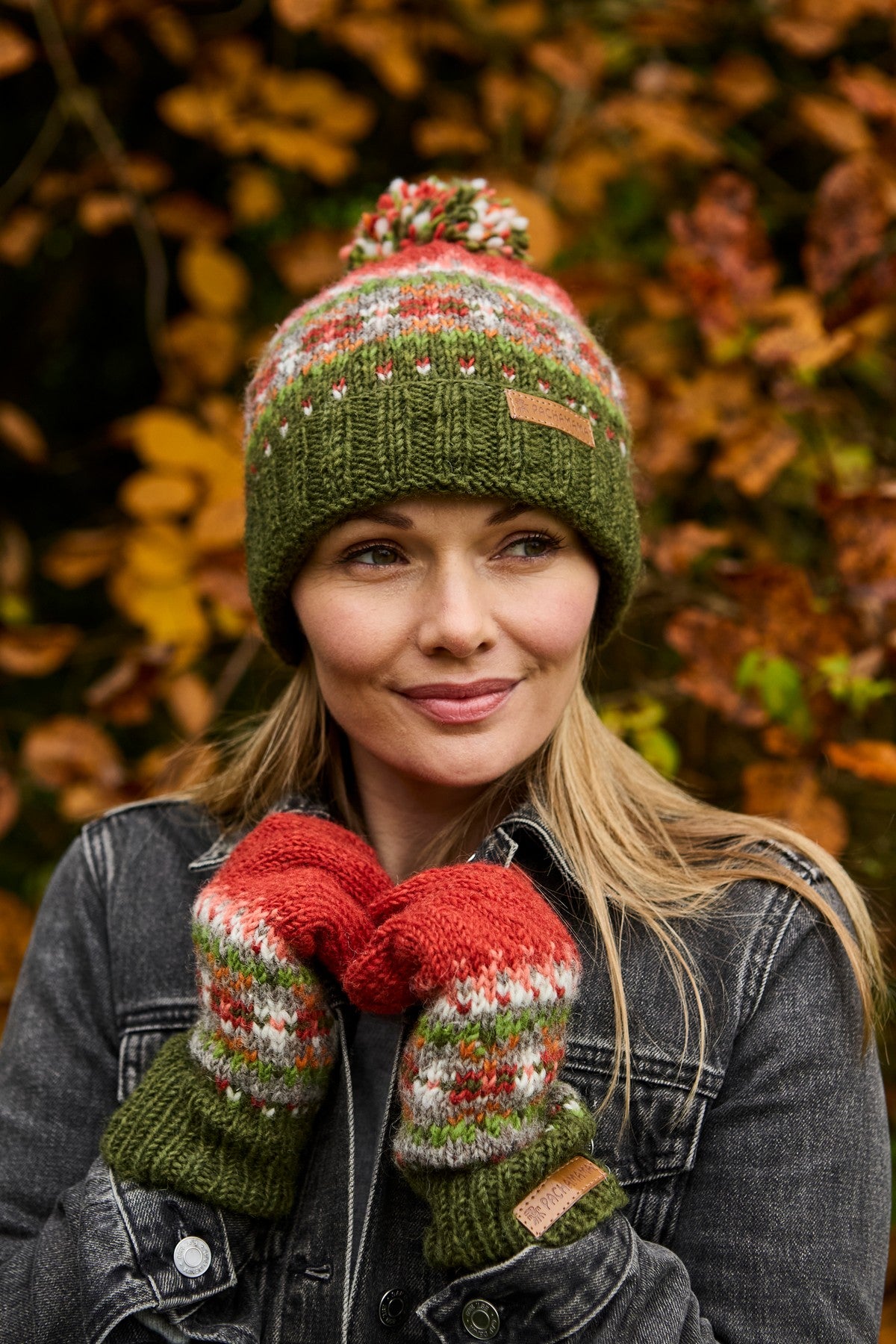 Pachamama Iona Roll Back Bobble Beanie Moss, with colourful Fair Isle patterning; product view 3.