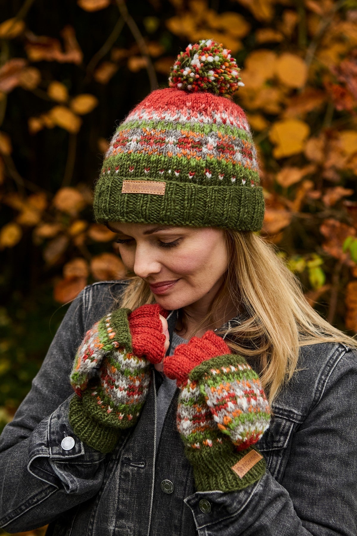 Pachamama Iona Roll Back Bobble Beanie Moss, with colourful Fair Isle patterning; product view 4.