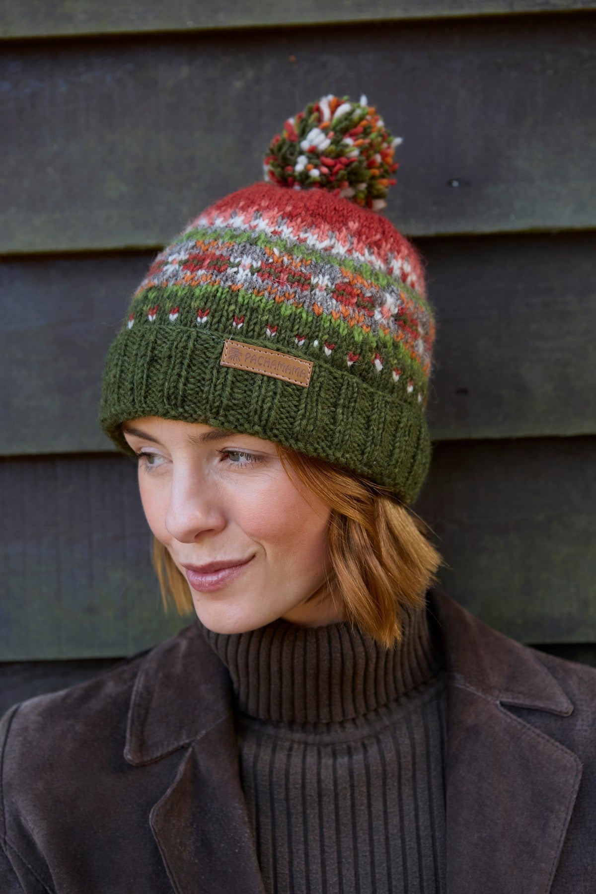Pachamama Iona Roll Back Bobble Beanie Moss, with colourful Fair Isle patterning; product view 5.