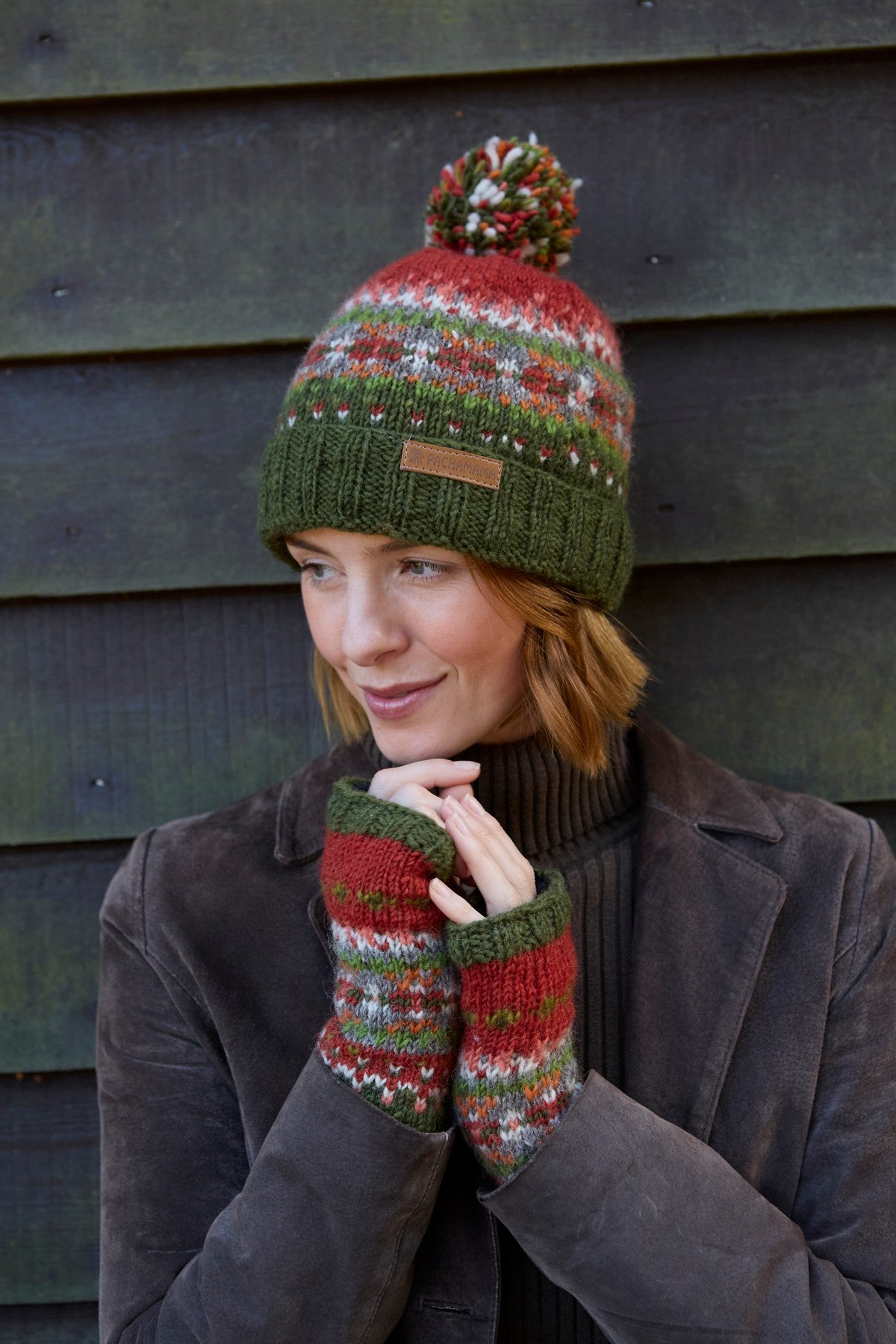 Pachamama Iona Roll Back Bobble Beanie Moss, with colourful Fair Isle patterning; product view 6.