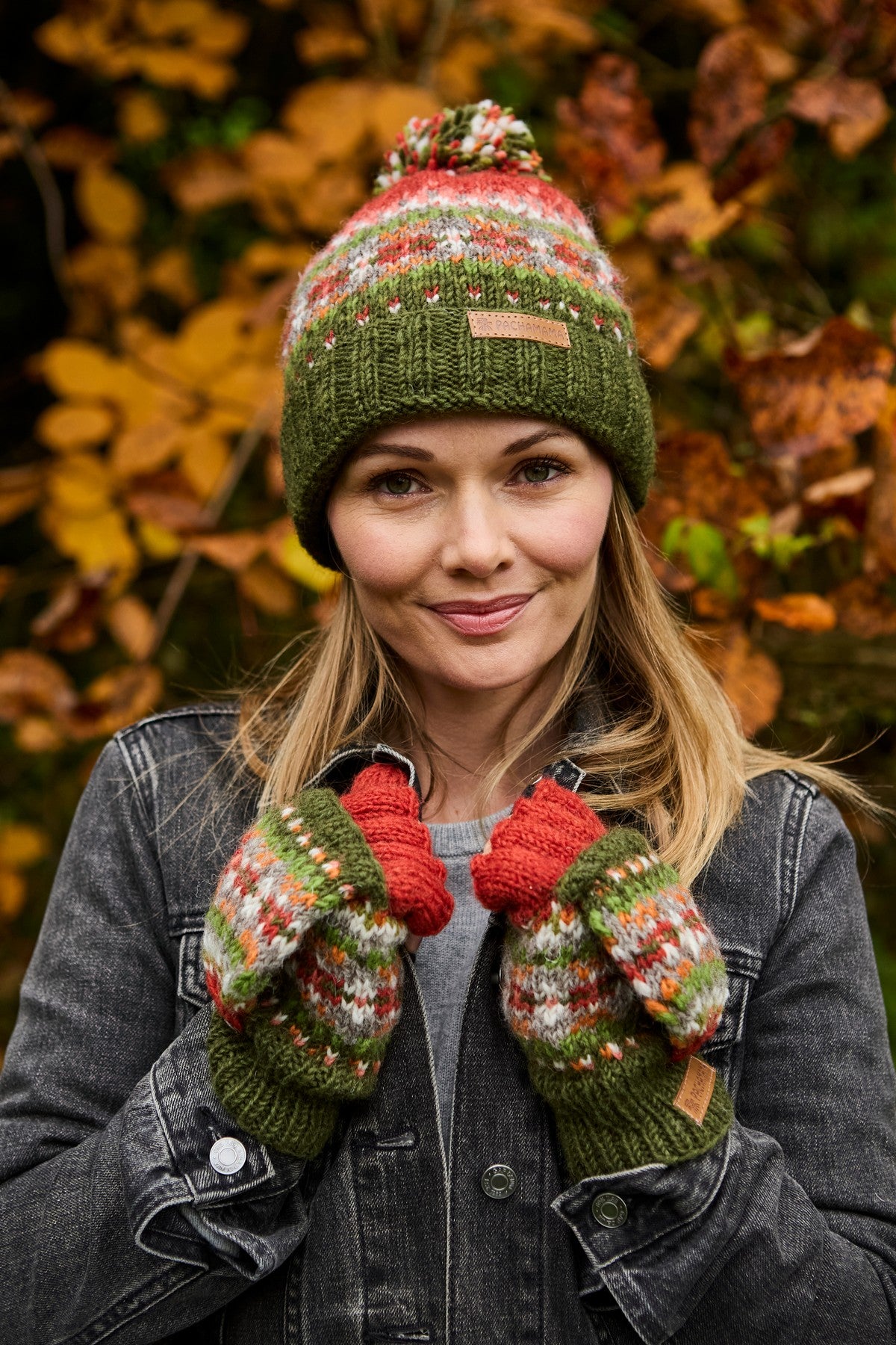 Pachamama Iona Roll Back Bobble Beanie Moss, with colourful Fair Isle patterning; product view 7.
