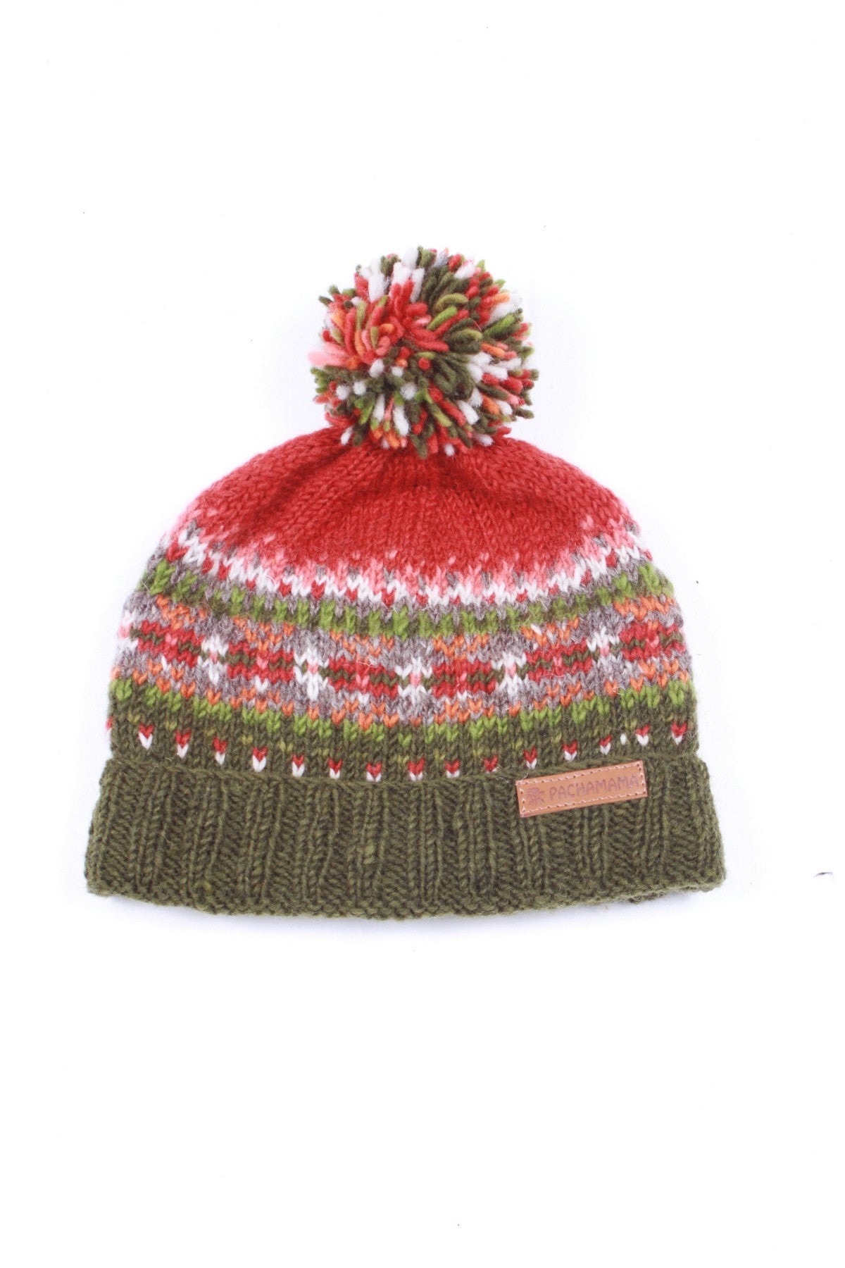 Pachamama Iona Roll Back Bobble Beanie Moss, with colourful Fair Isle patterning; product view 8.