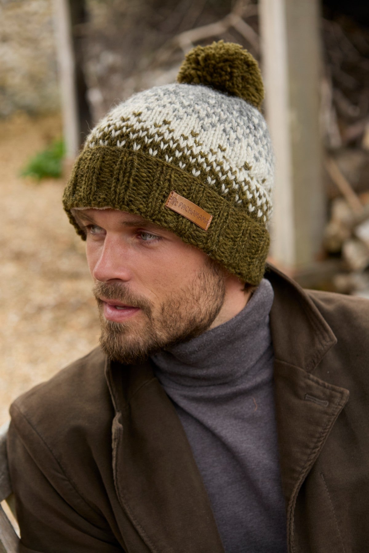 Pachamama Mens Loch Ness Bobble Beanie Moss, with contrasting patterned bands; product view 3.