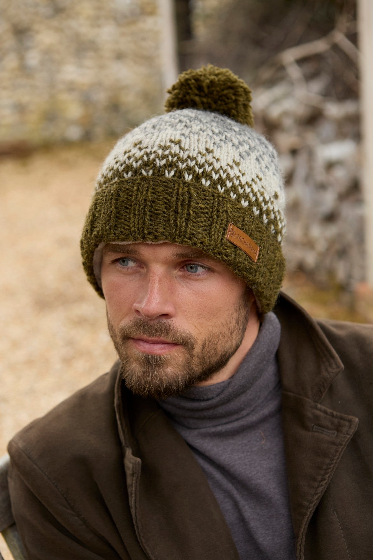Pachamama Mens Loch Ness Bobble Beanie Moss, with contrasting patterned bands; product view 5.