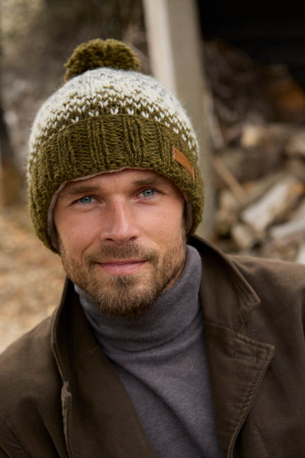 Pachamama Mens Loch Ness Bobble Beanie Moss, with contrasting patterned bands; product view 6.