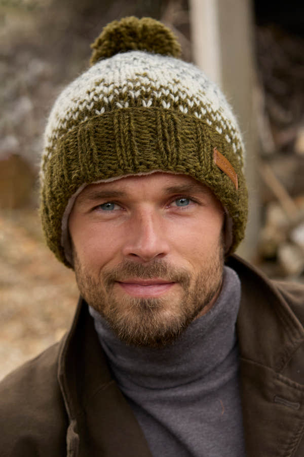 Pachamama Mens Loch Ness Bobble Beanie Moss, with contrasting patterned bands; product view.