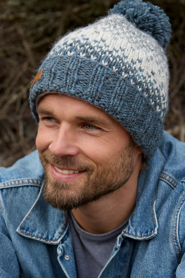 Pachamama Mens Loch Ness Bobble Beanie Steel, with contrasting patterned bands; product view.