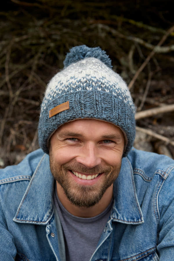 Pachamama Mens Loch Ness Bobble Beanie Steel, with contrasting patterned bands; product view 2.