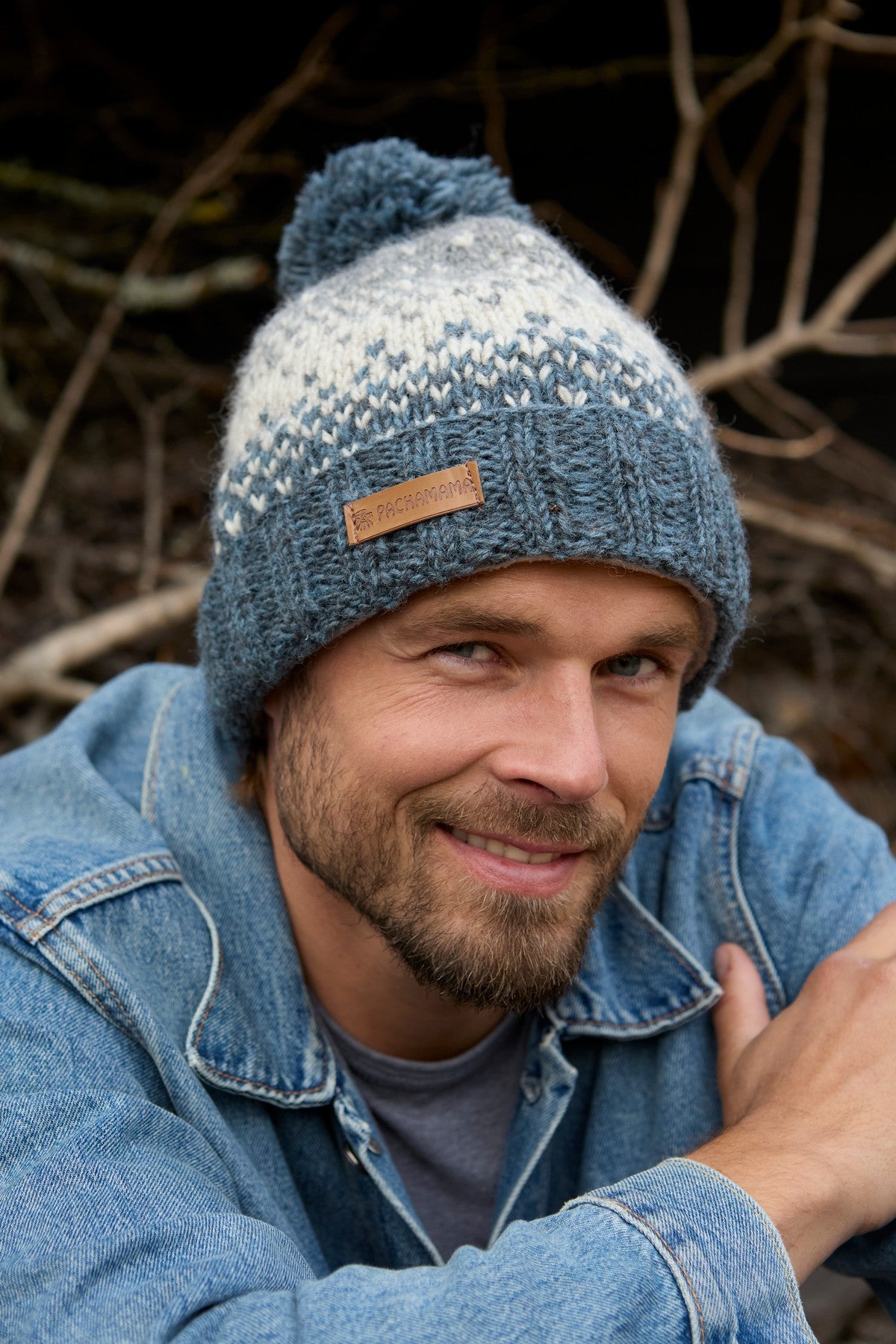 Pachamama Mens Loch Ness Bobble Beanie Steel, with contrasting patterned bands; product view 3.