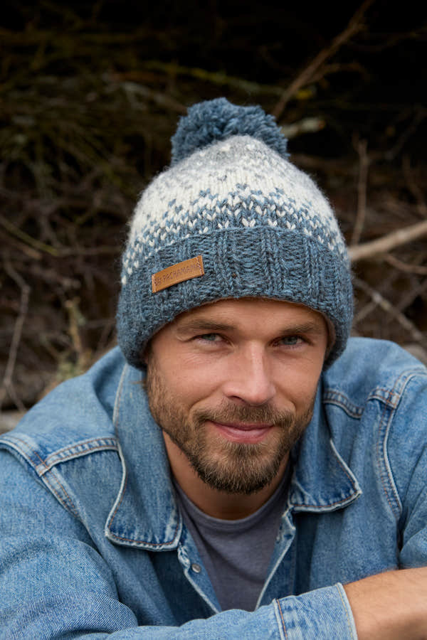 Pachamama Mens Loch Ness Bobble Beanie Steel, with contrasting patterned bands; product view 4.