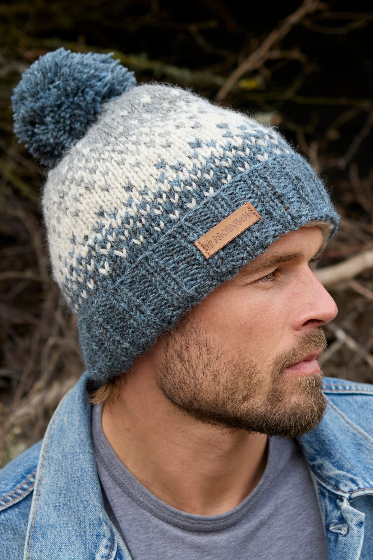Pachamama Mens Loch Ness Bobble Beanie Steel, with contrasting patterned bands; product view 5.