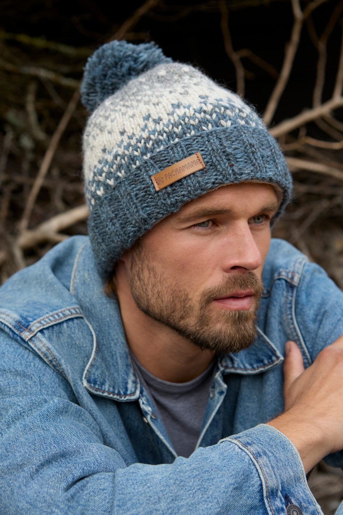 Pachamama Mens Loch Ness Bobble Beanie Steel, with contrasting patterned bands; product view 6.