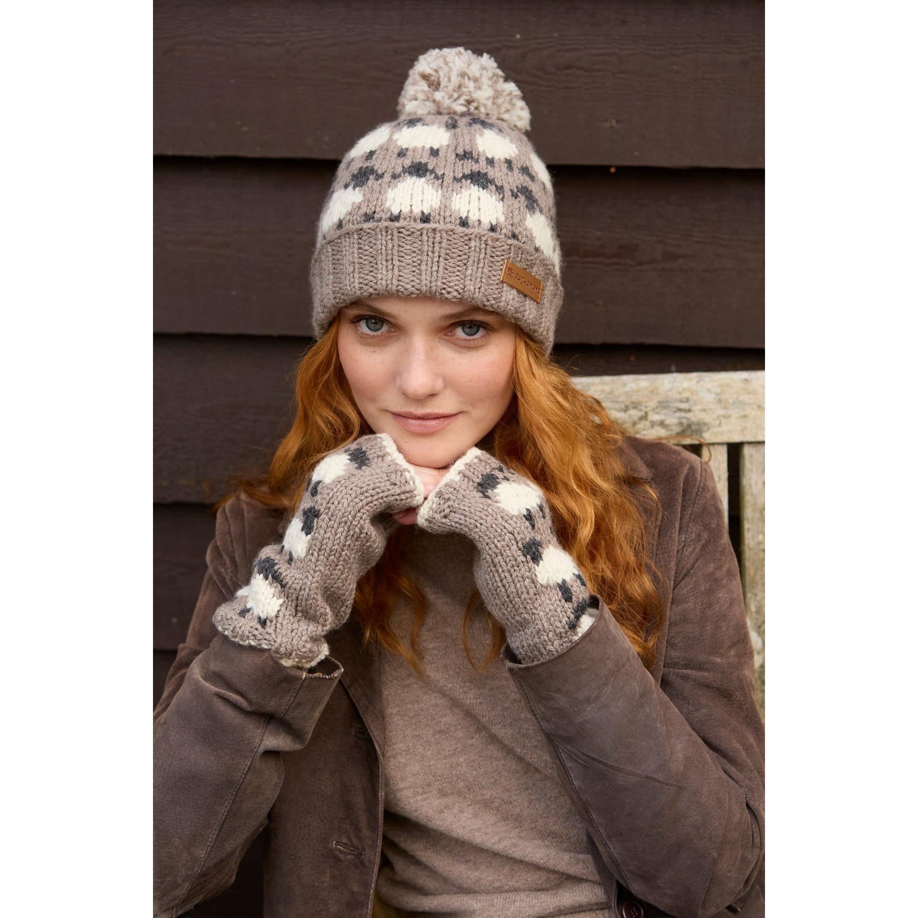 Pachamama Sheep (Merino) Handwarmers Mushroom, with contrasting sheep motifs; product view 6.