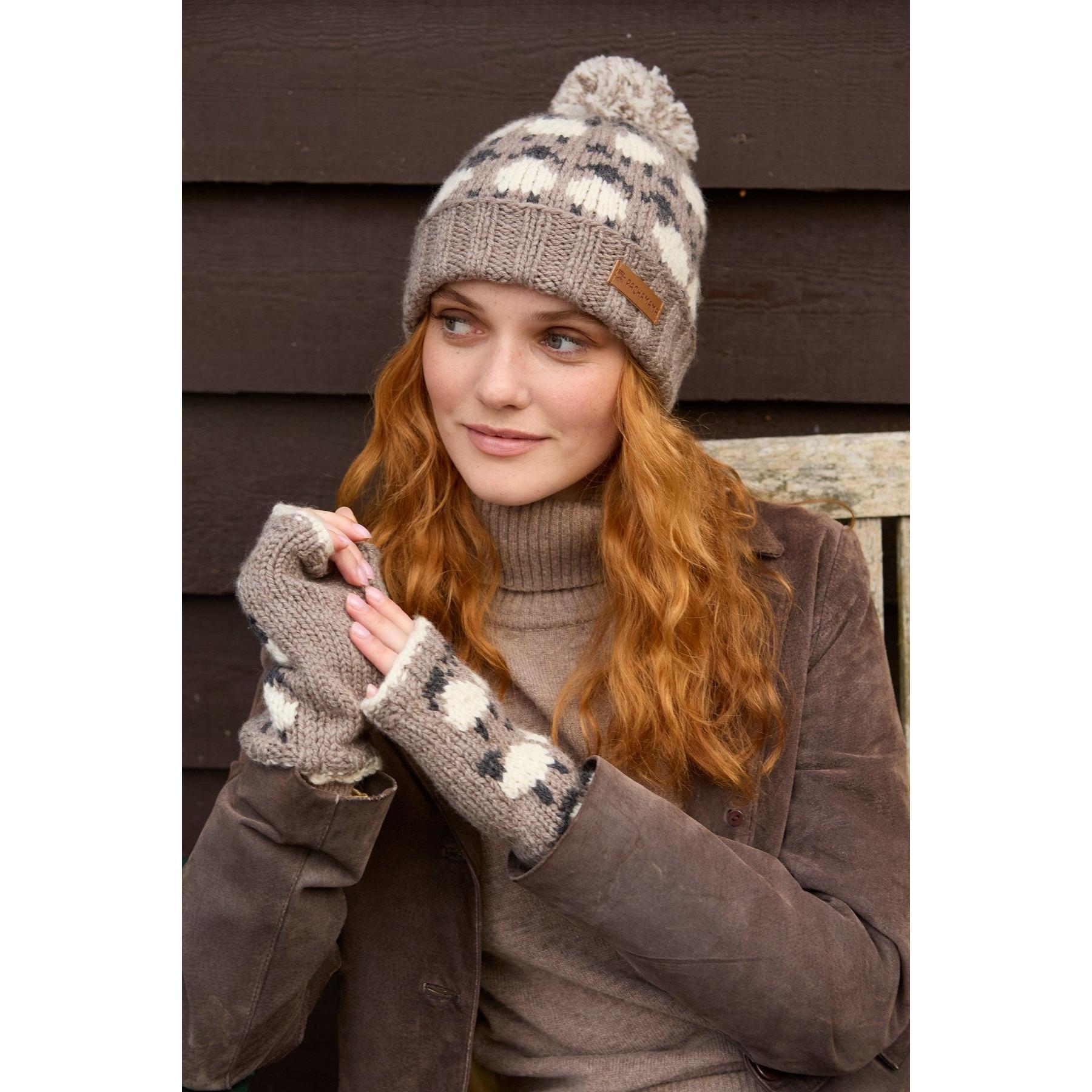 Pachamama Sheep (Merino) Roll Back Bobble Beanie Mushroom, with contrasting sheep motifs; product view 5.