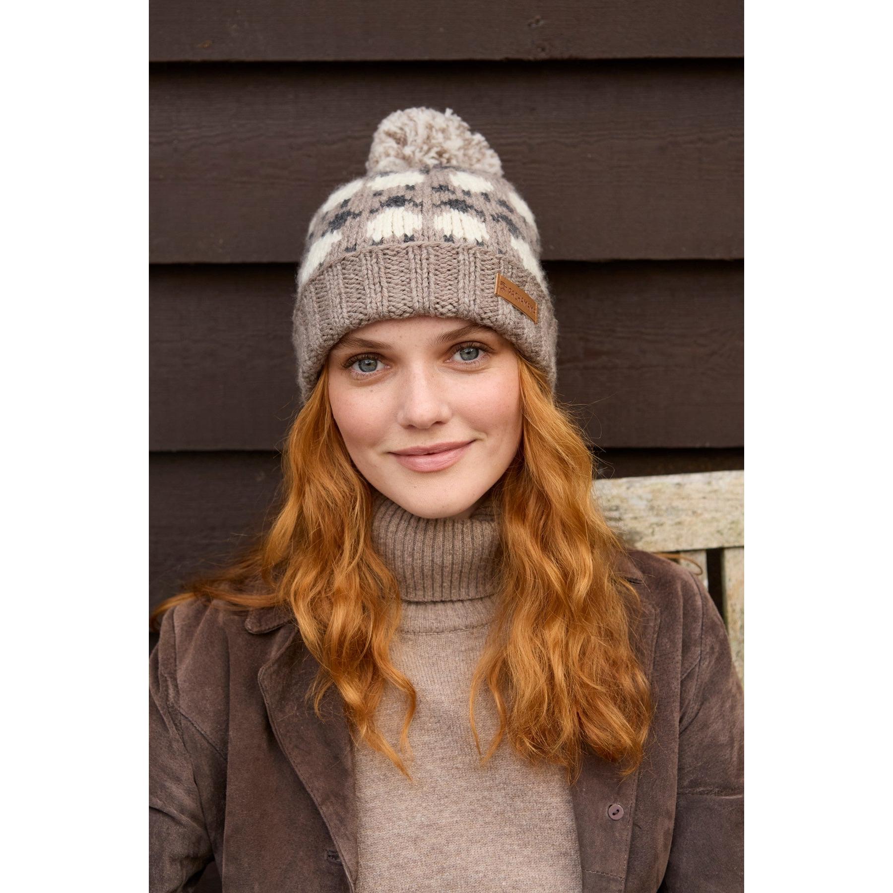 Pachamama Sheep (Merino) Roll Back Bobble Beanie Mushroom, with contrasting sheep motifs; product view 7.