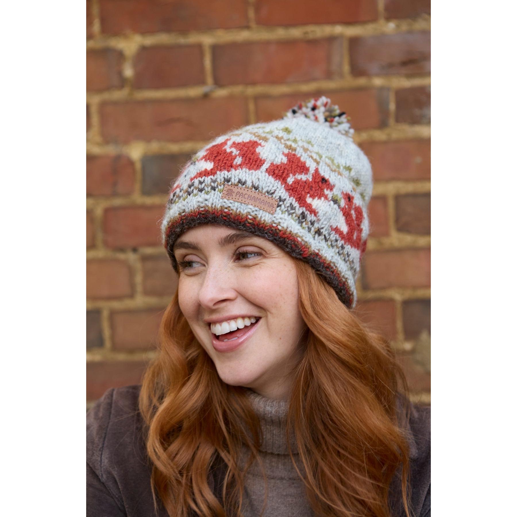 Pachamama Squirrel Bobble Beanie, with contrasting squirrel motifs; product view 2.